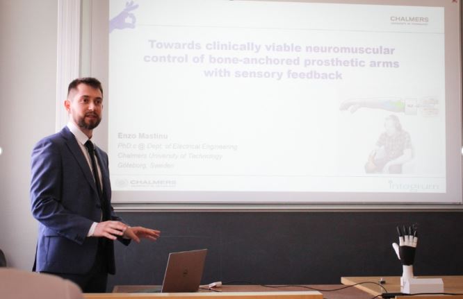 Dr. Enzo Mastinu defended his PhD thesis “Towards clinically viable neuromuscular control of bone-anchored prosthetic arms with sensory feedback” at Chalmers University of Technology. 